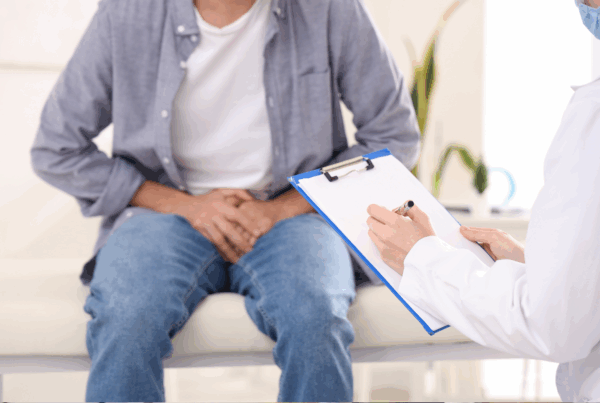 Man at urological consultation with doctor taking notes.