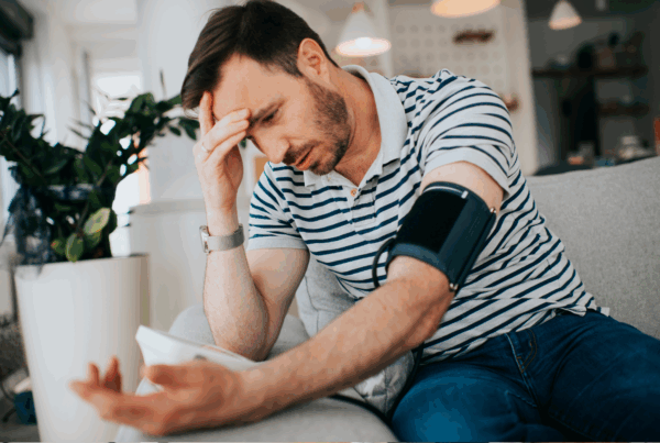 Worried man checking blood pressure with home monitor while experiencing headache or discomfort.