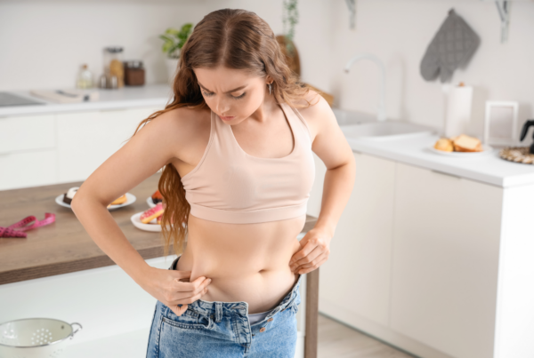 A woman in a crop top looking down and pinching her belly fat.